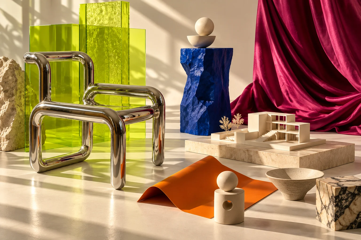 Conceptual studio installation with a chrome chair, lime acrylic, magenta fabric and an architectural model